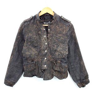 H&D Leather Jacket Women's Retro Casual Black Tie Dye Button Front Large L